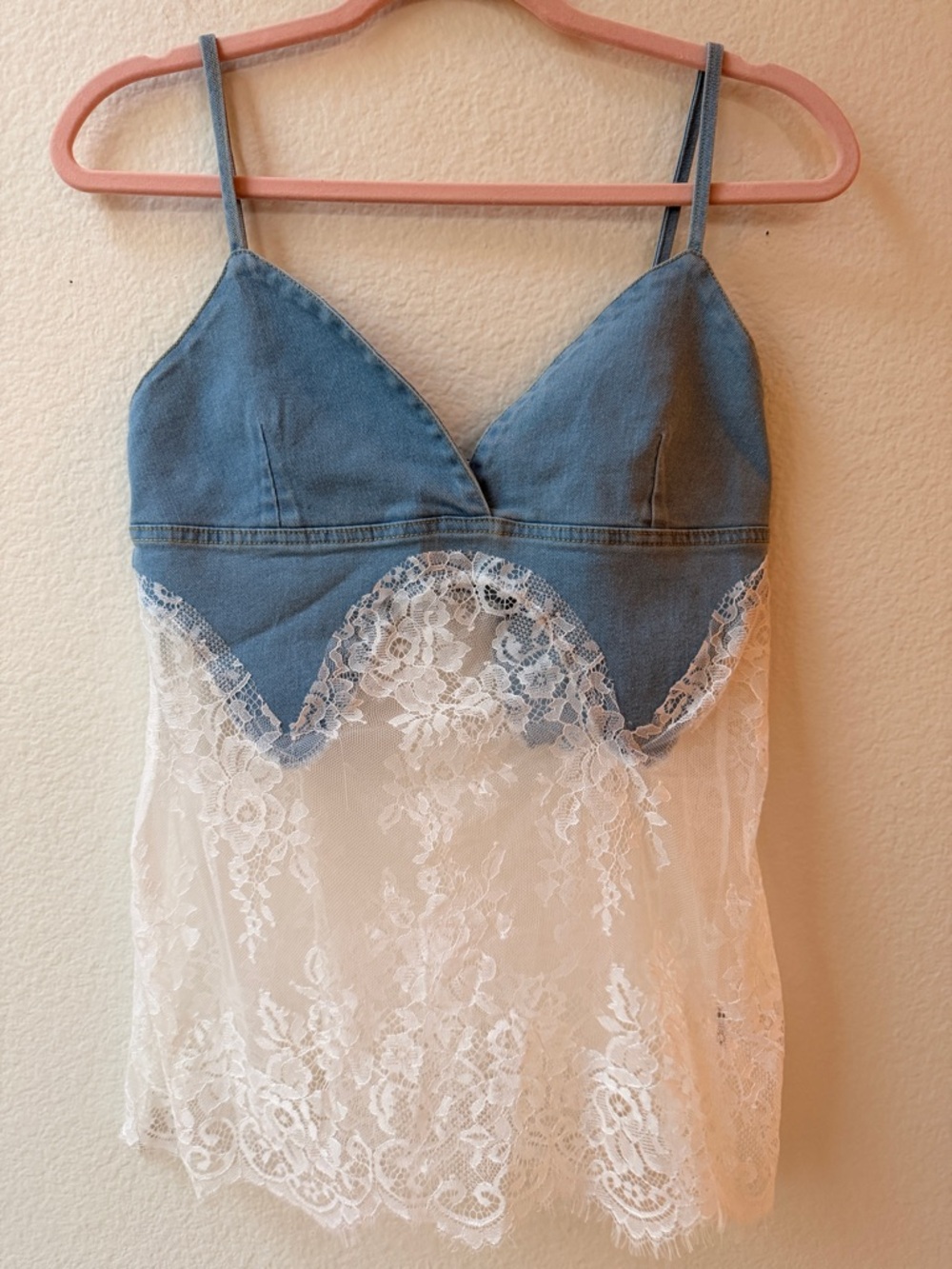 Y2K Fairycore Denim Lace Cami Top  Blue White Corset Festival Boho‎ Sheer S